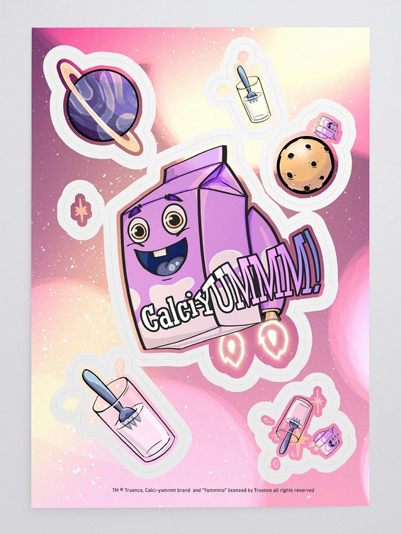 Holographic sticker sheet featuring Calci-Yum stickers