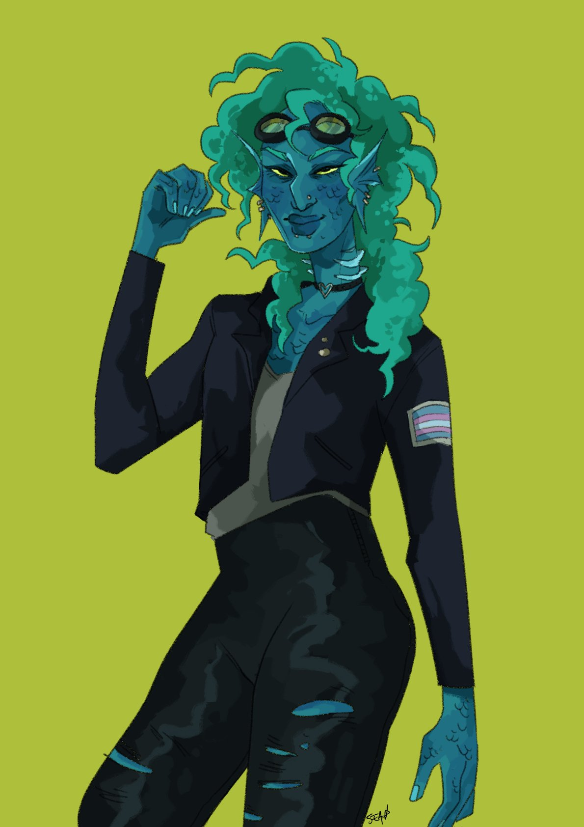A digital illustration of Ver'million Blue, depicted with blue skin. She's wearing ripped leather pants, a black choker, goggles pushed up on her head, and a leather jacket with a trans pride flag patch on the arm.