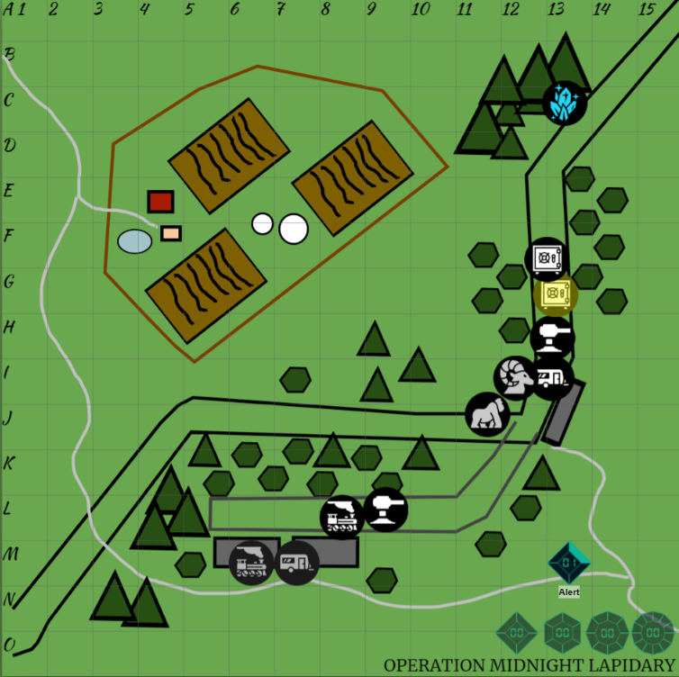 A Roll20 map of the area where the Blue Channel engage the target.