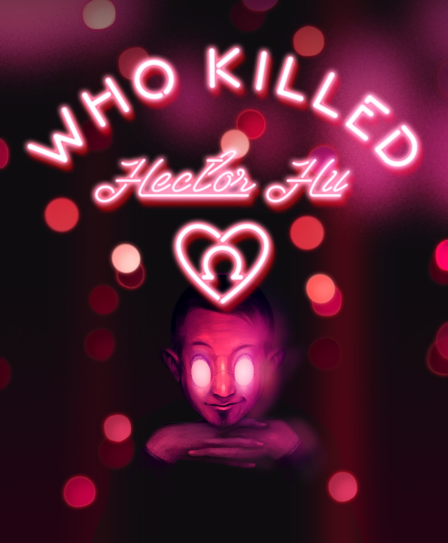 Hector Hu leans on his hands under the neon signage, "Who killed Hector Hu?" and an omega symbol inside a heart.