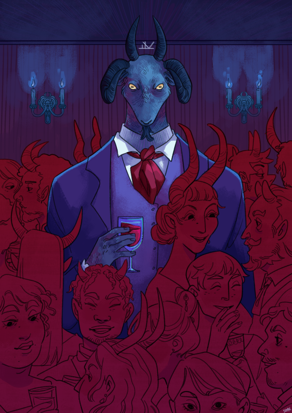 Pickman stands, dressed in a nice suit, in a crowd at a fancy Zevunzolia party. She is a head taller and much wider than everyone else.