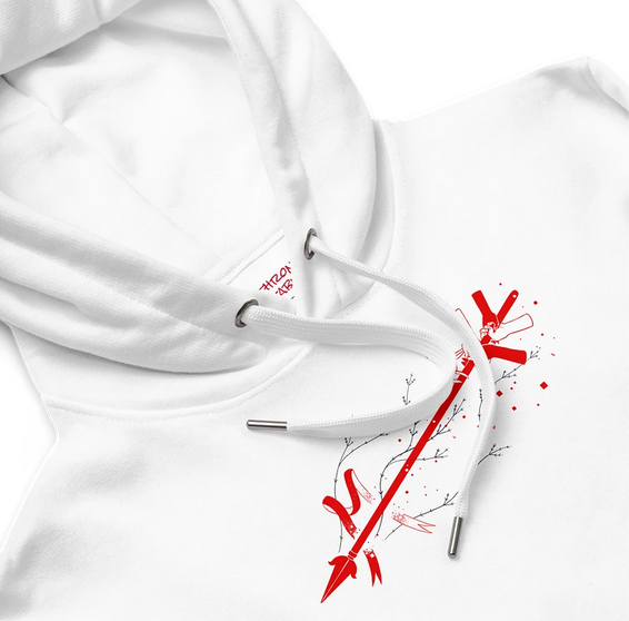 White hoodie with small Millennium Break design on front