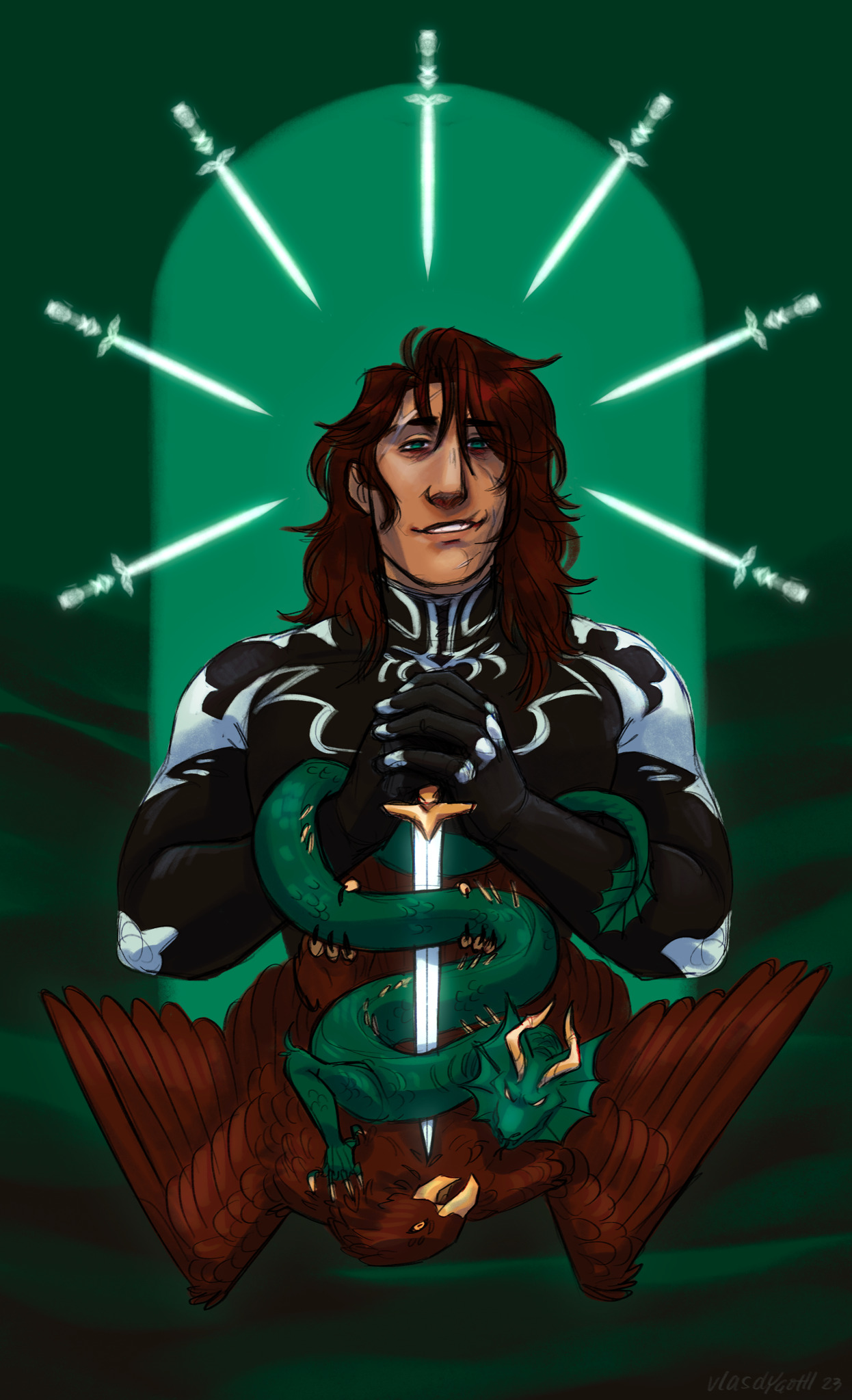 Fanart in the style of a tarot card. Misericorde stabs an eagle with his namesake weapon. A dragon is wrapped around the knife and is caught in the eagle's talons.