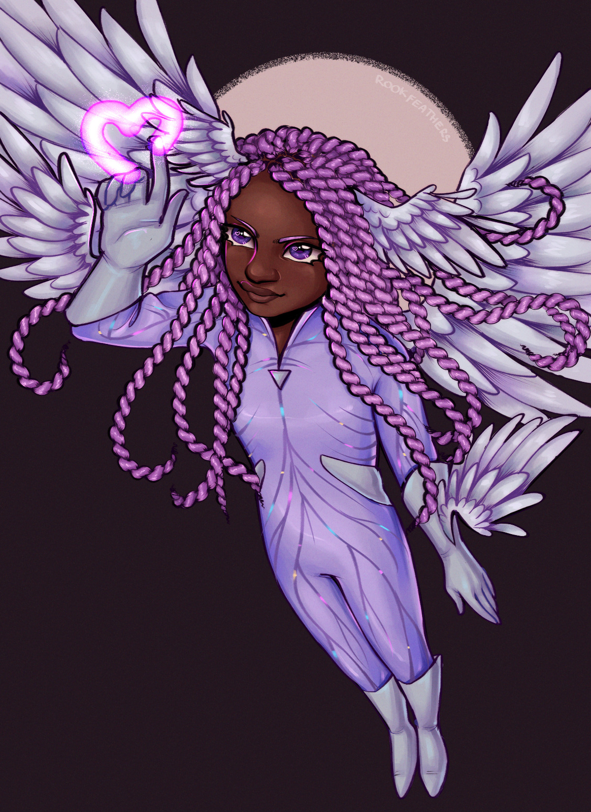 A dark-skinned young women with a purple flight suit and pink hair styled into twists.