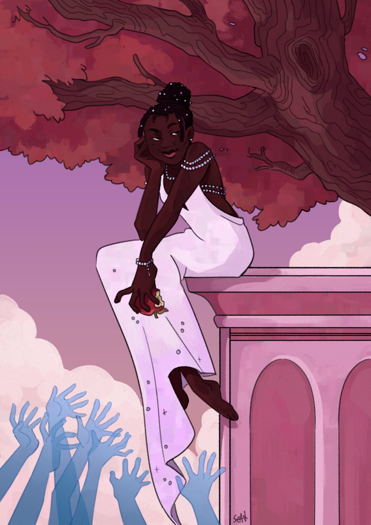 A digital drawing of a thin, dark-skinned Black woman sitting with her legs crossed on the edge of a stone plinth. She's holding a half-eaten apple in one hand and smirking slightly. She's wearing a white backless gown and pearl jewelry, and her hair is pulled into a bun and decorated with pearls. Below her, the ghostly blue hands of the dead reach up towards her feet.