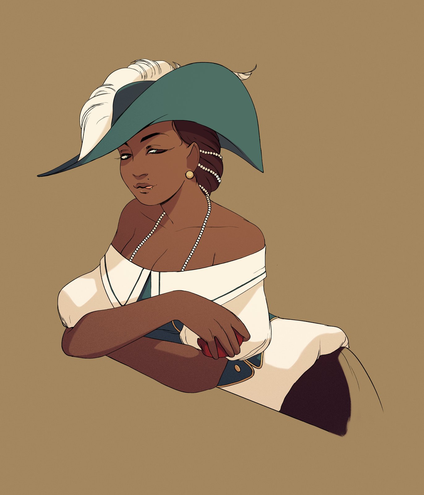 A digital drawing of a brown-skinned woman leaning casually against a ledge. She's wearing a pirate-like outfit and a flamboyant blue hat with a feather in it. She's holding a half-eaten apple and licking a piece of it off her lips, maybe a little flirtatiously. She's wearing a pearl necklace and pearls in her dark brown hair.