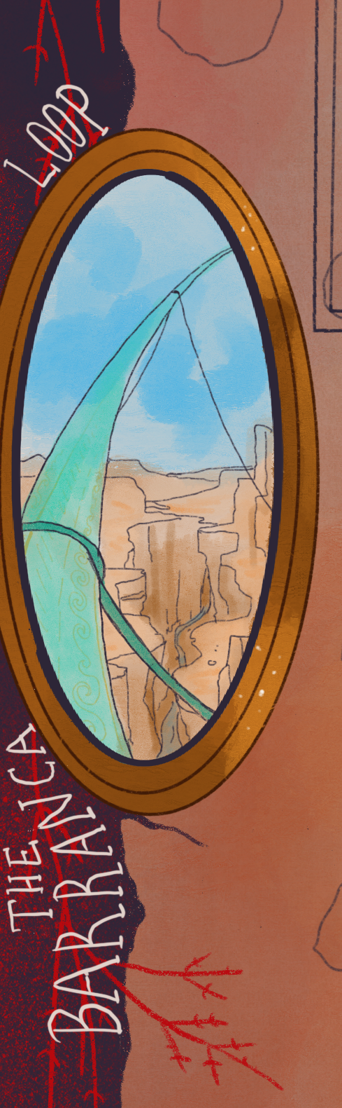 A drawing of a curving teal cable ascending from desert canyons below.