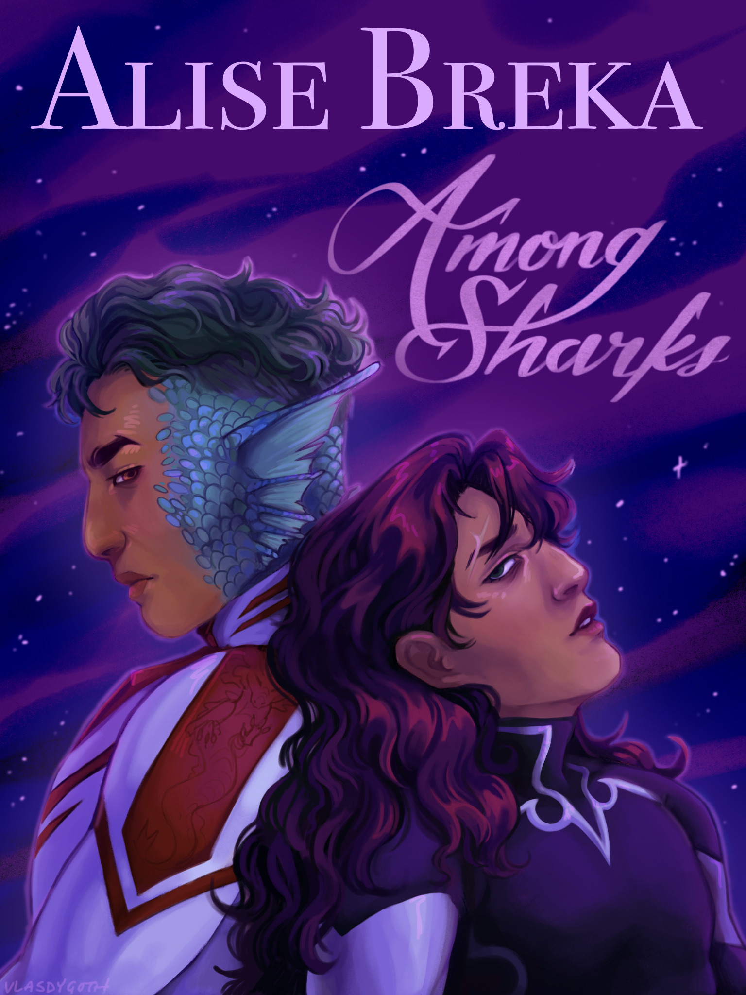 Cover for Among Sharks. Misericorde and Cor'rina stand back-to-back in front of a nebula
