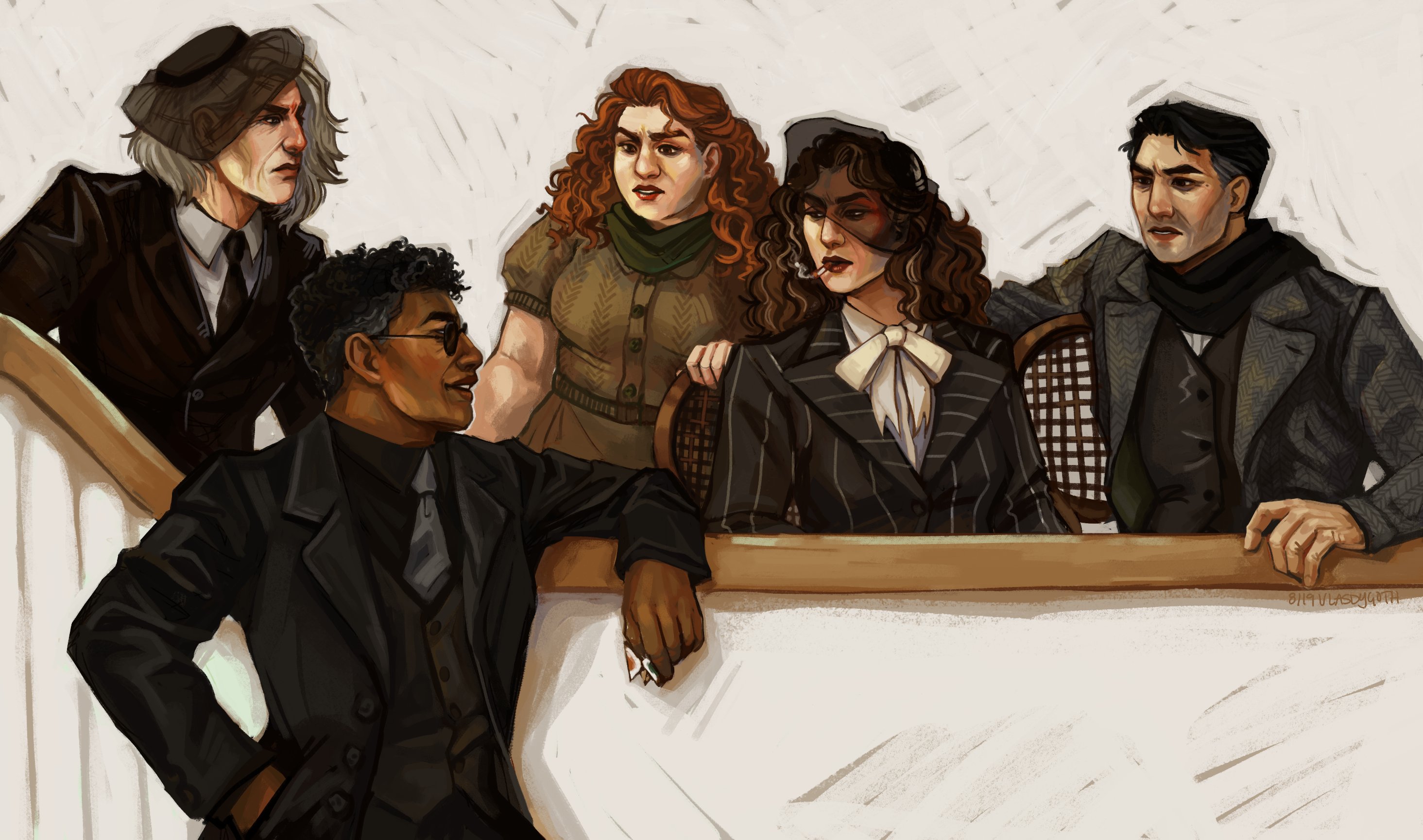 A digital painting of the characters from Messy Business sitting behind a white wall that Hector Hu is leaning on, arm on the banister, smiling at them. From left to right, Florence, Chris, Maggie, and Heard are all reacting in various states of shock.