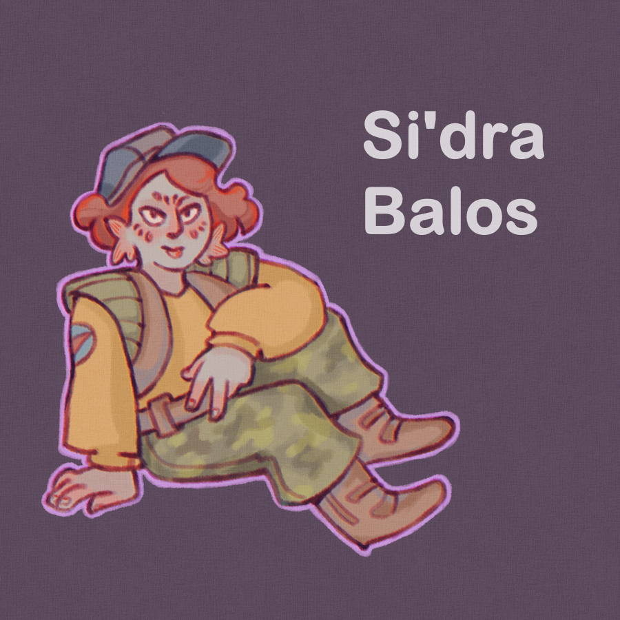 Si'dra sits, smiling, resting one arm on their knee