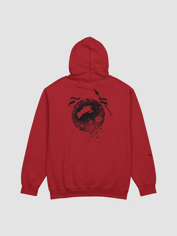 Back of red hoodie with large drawing of Partizan