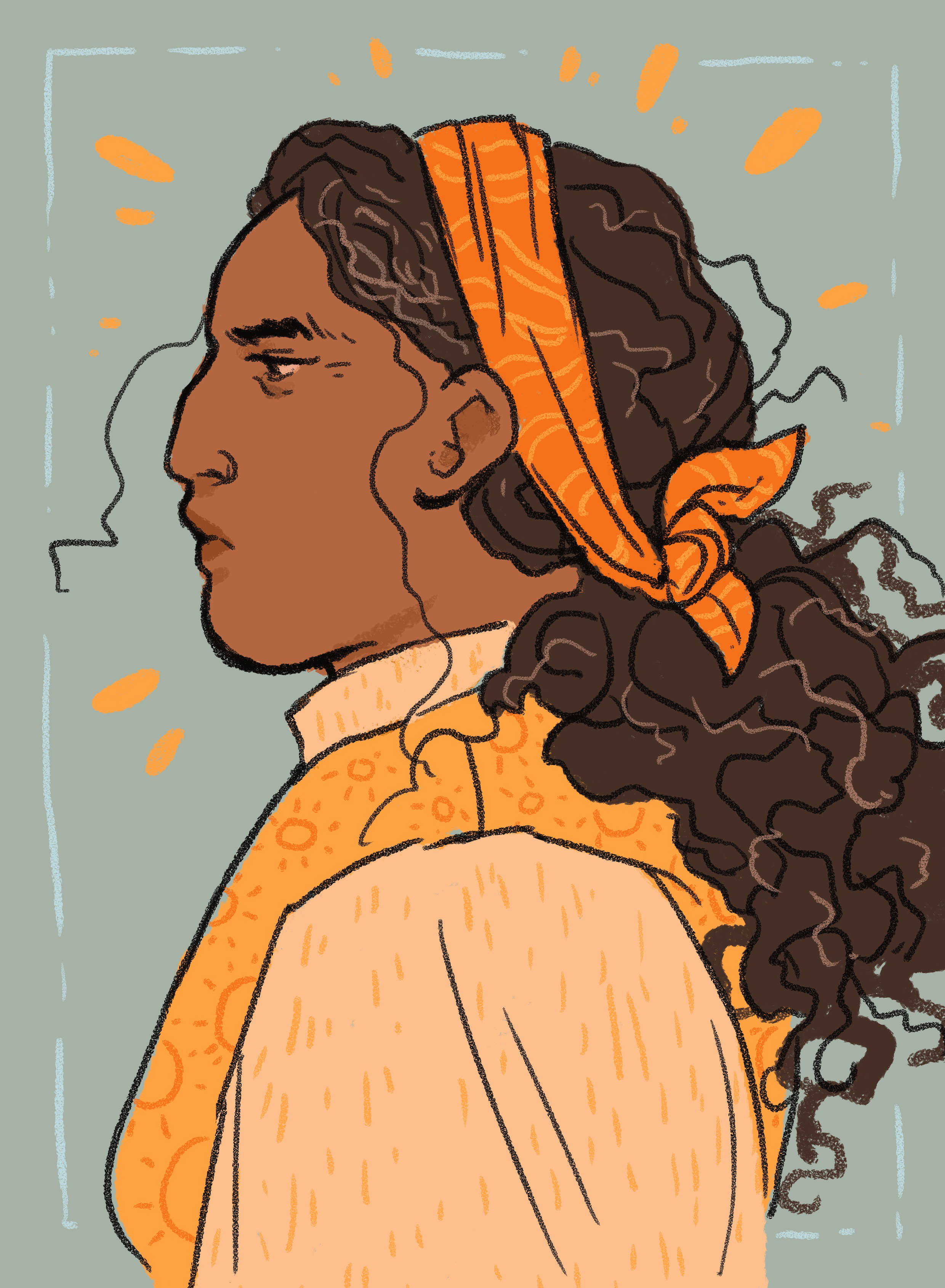 A drawing of a brown-skinned woman in profile, against a grey-blue background. She is drawn from the bust up, facing to the left. She has dark, curly brown hair in a low ponytail, and an orange sash tying it away from her face. Her outfit is yellow and orange, with a sun pattern. Her expression is neutral, her nose aquiline, and she has small wrinkles at the corners of her eyes.