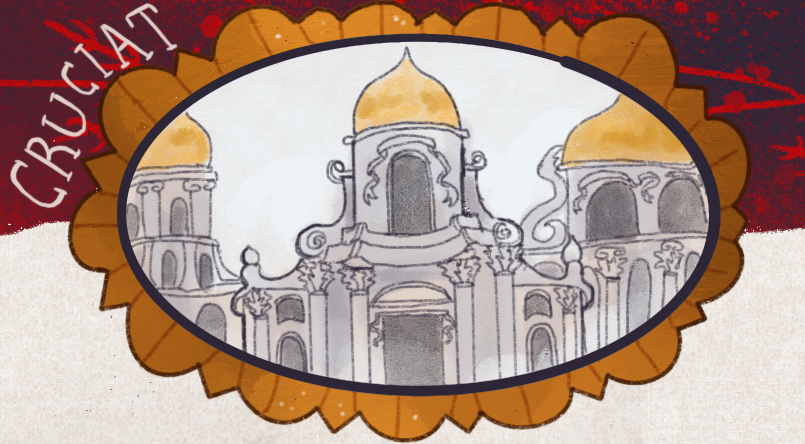 A drawing of white columned buildings with golden domes.
